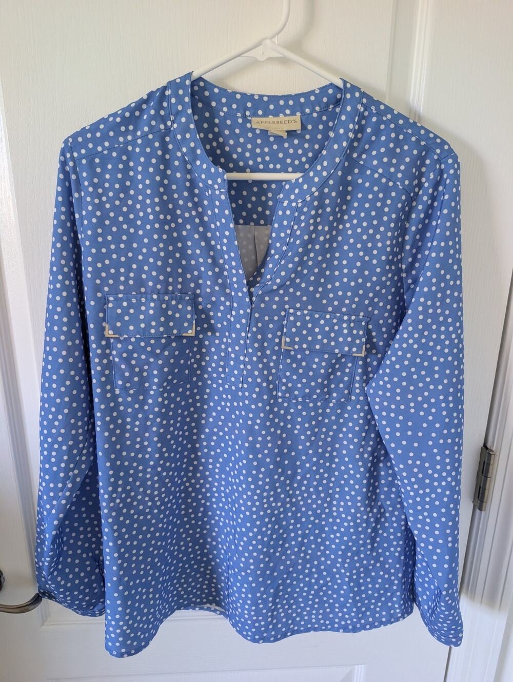 Appleseeds Stretch V-neck Blouse M Polka Dot Lt Blue with Pockets , Office